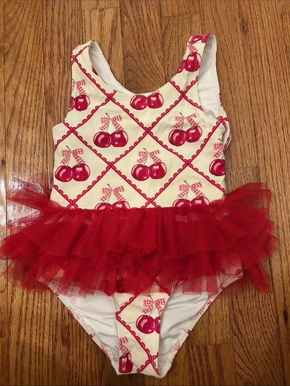 Posh Peanut Girls Red Cherry Tulle One-Piece Swimsuit-4T